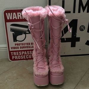 pink faux fur demonia sweet pure vigilance platform boots